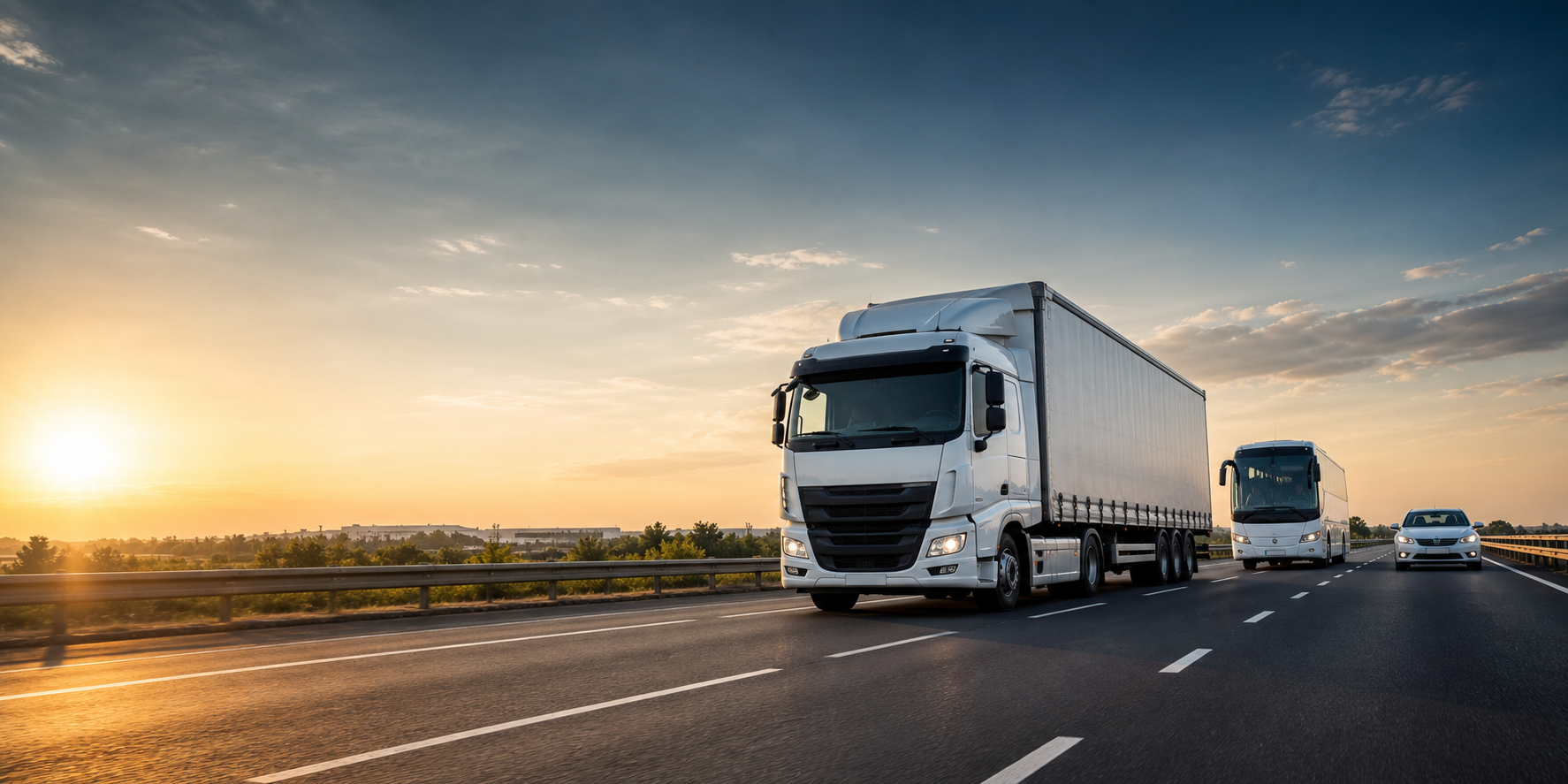 Freight truck, coach and corporate car travelling on a highway